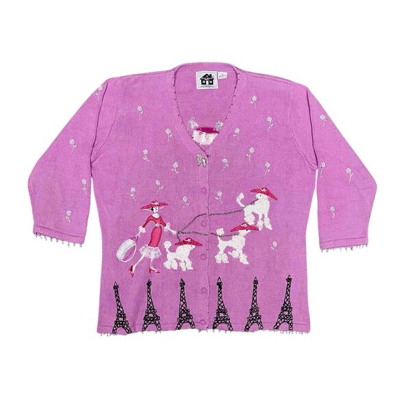 Storybook Knits Paris Theme Cardigan Sweater 1X Pink Embroidered Ramie Cotton - Picture 1 of 9